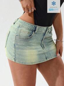Minifalda vaquera sexy para mujer, de verano - Azul lavado medio 2 - Ver 4
