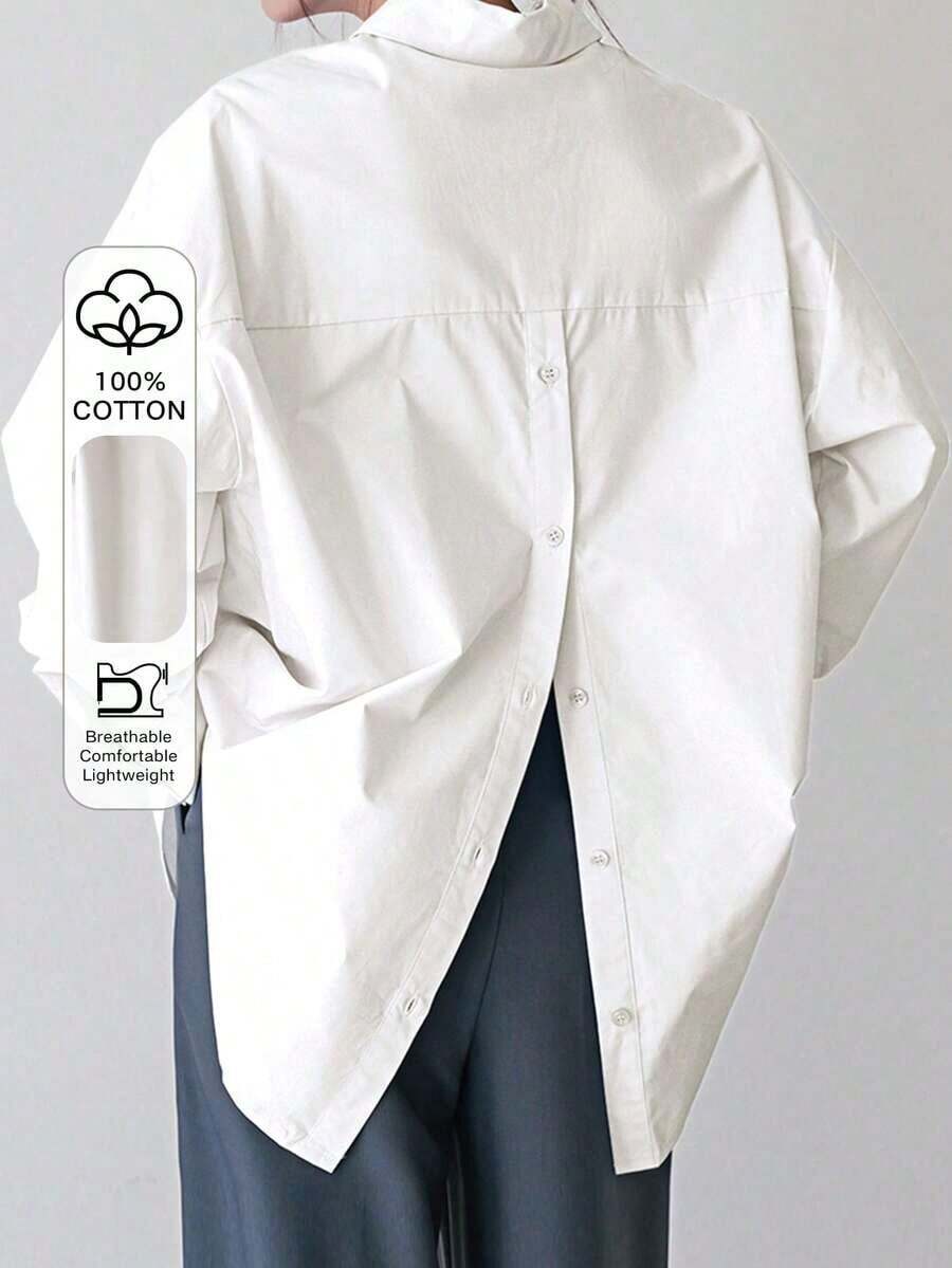 -Less Camisa de mujer de manga larga de un solo pecho, de unicolor, de hombros caídos, para uso casual y de negocios - Blanco - Ver 1