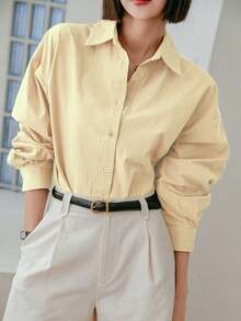 -Less Camisa de mujer de manga larga de un solo pecho, de unicolor, de hombros caídos, para uso casual y de negocios - Amarillo - Ver 4