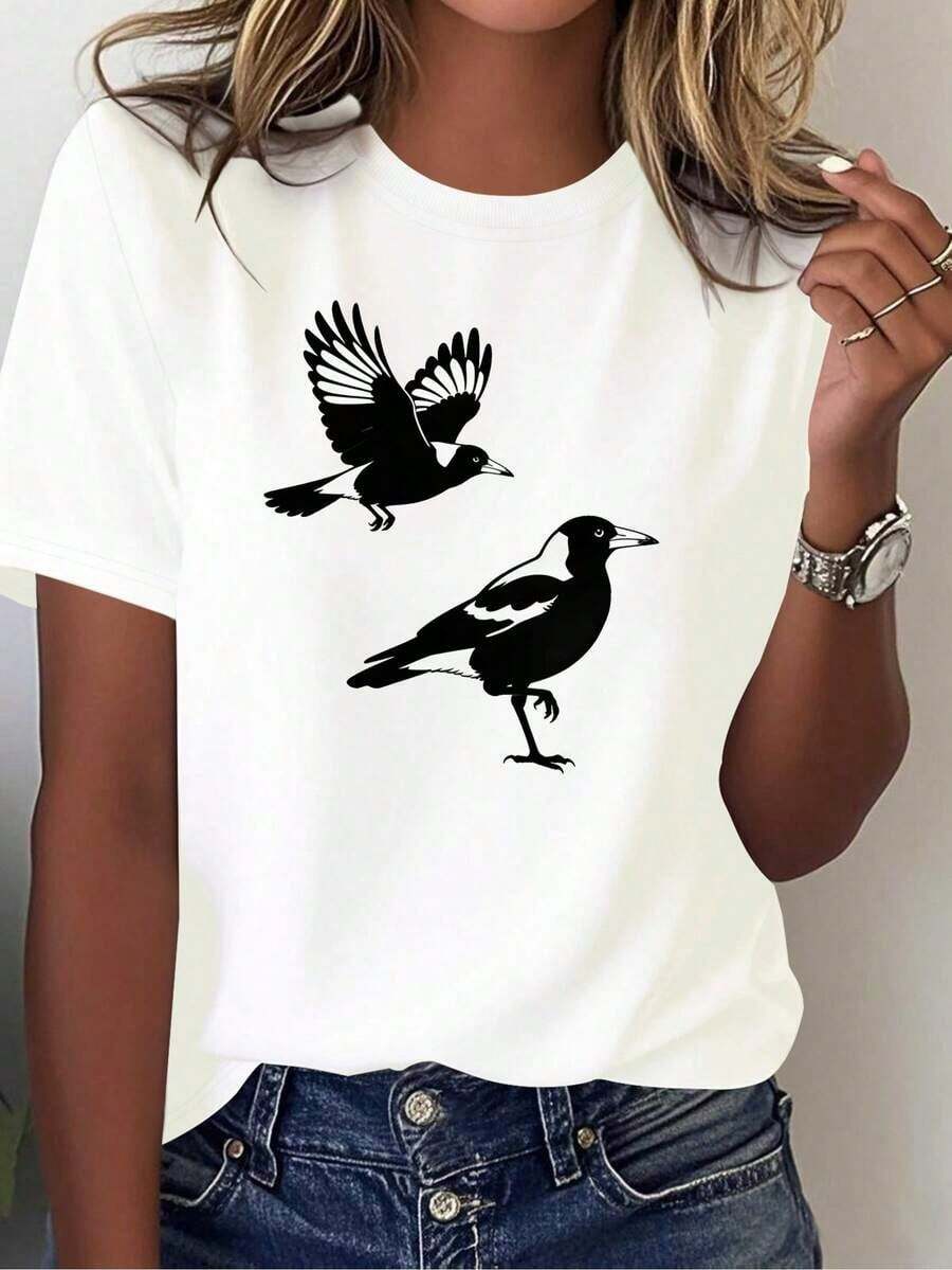 Solt 1 Piece Unisex Size. Women's Plus Size Summer Cotton T-Shirt. Women's Bird Australian Magpie Pure Graphic Print T-Shirt, Comfortable And Versatile, Casual Short Sleeves. Sweat-Wicking Material, Soft And Skin-Friendly. 100% Cotton With Graphic Print - 白色 2 - 查看 1