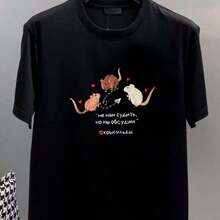 Camisa de mujer de manga corta, estilo vintage, de algodón, casual, juvenil, divertida, con estampado de nicho, estilo europeo y americano, estilo Hong Kong, nueva colección de verano, con dibujos animados a la moda. - Negro - Ver 3