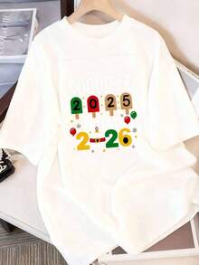 Camiseta de Nochevieja 2026 para Mujer - Adiós 2025 Hola 2026, Camiseta con Gráficos de Confeti y Globos en Bloques de Color, Top Casual de Manga Corta y Cuello Redondo para Fiestas de Nochevieja, Celebraciones de 2026 y Uso Diario - Ajuste para Todas las Temporadas, Adecuada para Fiestas de Nochevieja y 2026 - Blanco - Ver 1