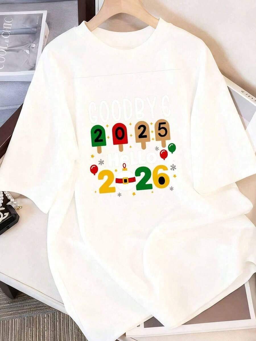 Camiseta de Nochevieja 2026 para Mujer - Adiós 2025 Hola 2026, Camiseta con Gráficos de Confeti y Globos en Bloques de Color, Top Casual de Manga Corta y Cuello Redondo para Fiestas de Nochevieja, Celebraciones de 2026 y Uso Diario - Ajuste para Todas las Temporadas, Adecuada para Fiestas de Nochevieja y 2026 - Blanco - Ver 1