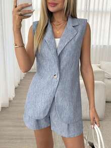 Conjunto de chaleco y pantalones cortos casuales para mujer, atuendo para ir al trabajo - Azul - Ver 2