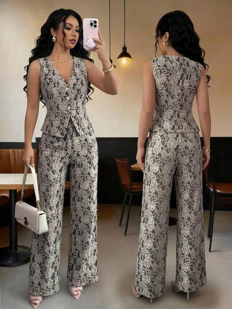 Elenzya Nuevo traje de encaje casual y elegante para mujer, con contraste de color de encaje y botones de perla, adecuado para el Día de San Valentín, Halloween, vuelta al colegio, primavera/verano, traje de oficina profesional, atuendo de maestra, trayecto, ocio, vacaciones - Negro - Ver 1