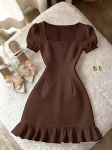 Vestido casual de línea A de manga corta con cuello cuadrado y perlas, unicolor elegante, adecuado para invitados, banquetes, cumpleaños, fiestas, verano/otoño, citas, ir al trabajo, estilo callejero, color albaricoque - Café integral - Ver 6