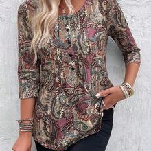 Women's Casual Elegant Paisley Print Round Neck 3/4 Sleeve T-Shirt, Autumn - Verde militar - Ver 7