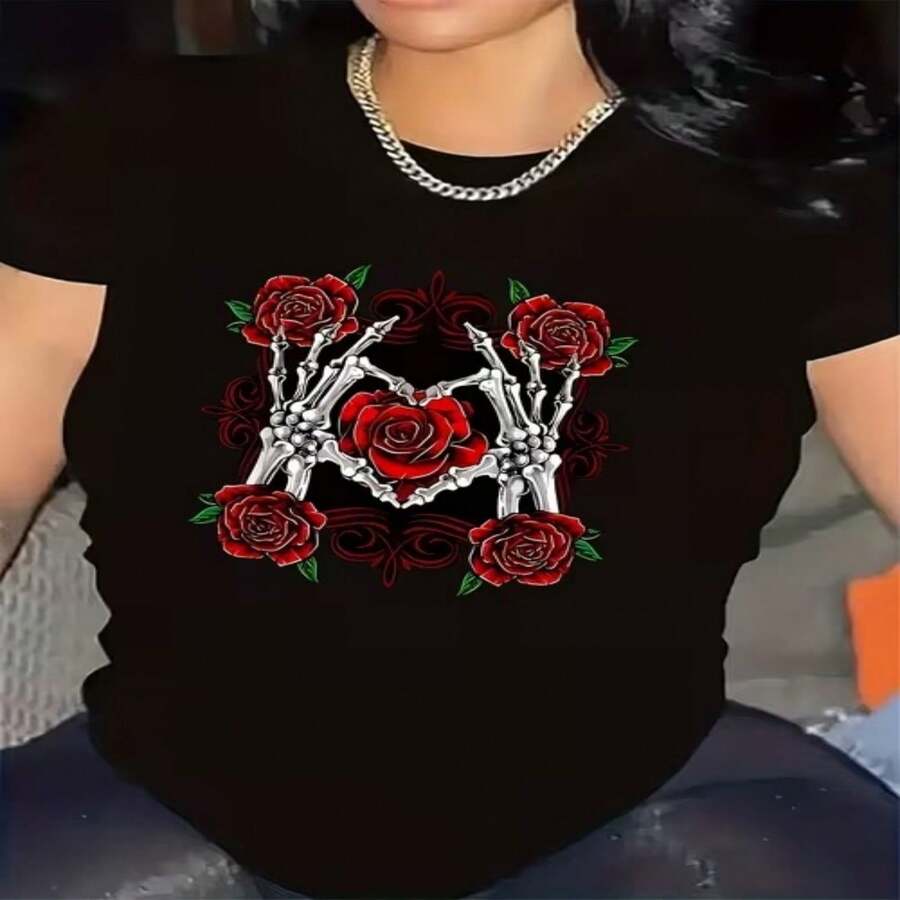 Womens Black Cotton Casual Regular Fit Short Sleeve Round Neck T-Shirt with Skeleton Hands and Red Roses Print - Negro - Ver 1