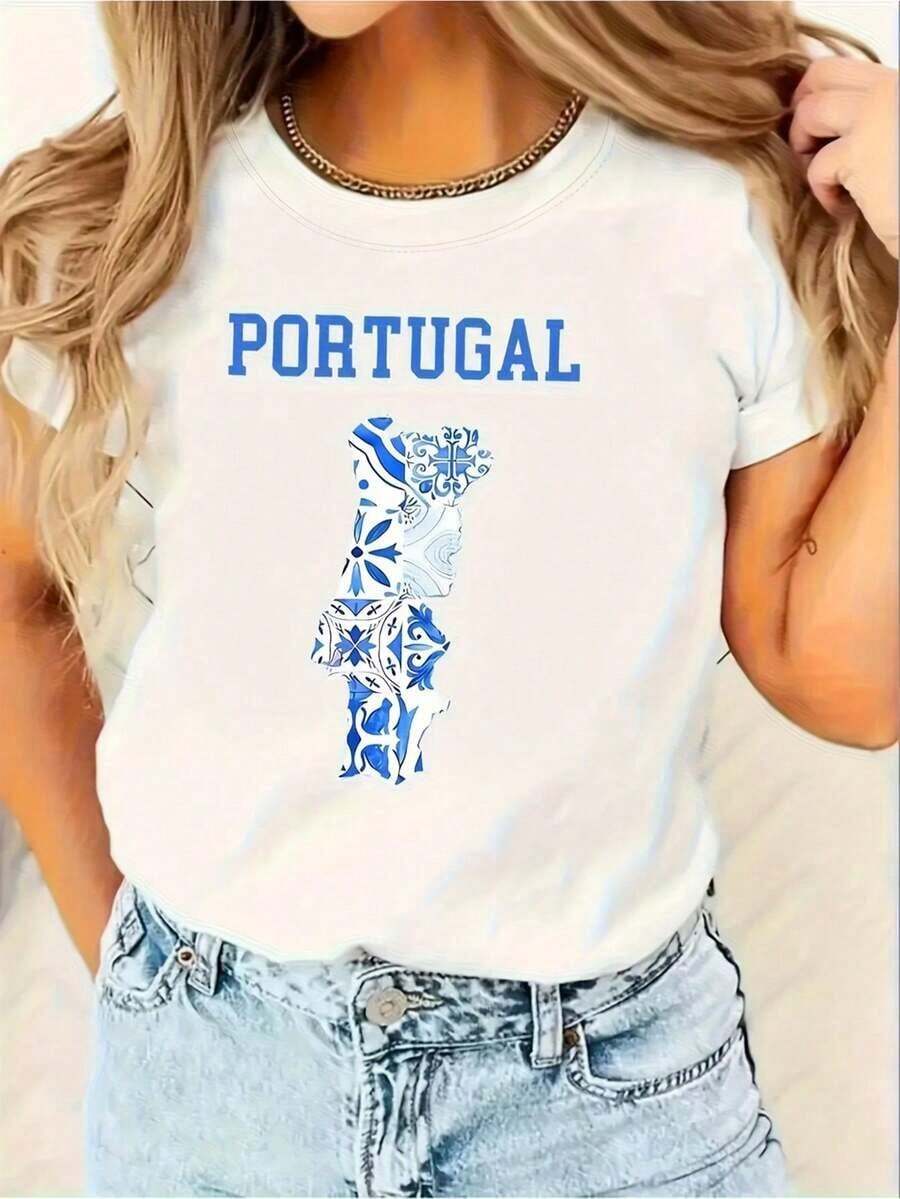 Camiseta de mujer con la bandera portuguesa - Top con estampado de azulejos portugueses, atuendo tradicional blanco y azul, camiseta casual de manga corta y cuello redondo, adecuada para la vestimenta cultural portuguesa, recomendada como regalo de cumpleaños y festividades, camiseta de manga corta con cuello redondo y diseño portugués, para el Día de San Valentín, Día de San Patricio, temática de Pascua, para uso diario casual. - Blanco - Ver 1