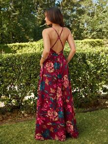 Vestido de una pieza con cuello en pico, espalda abierta cruzada y estampado de leopardo para primavera - Rojo - Ver 2