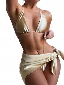 3 Pieces Swimwear Set, Solid Color Spaghetti Strap Bikini Tops+ Panties+ Package Hip Skirt for Women, S/M/L - Caqui - Ver 1