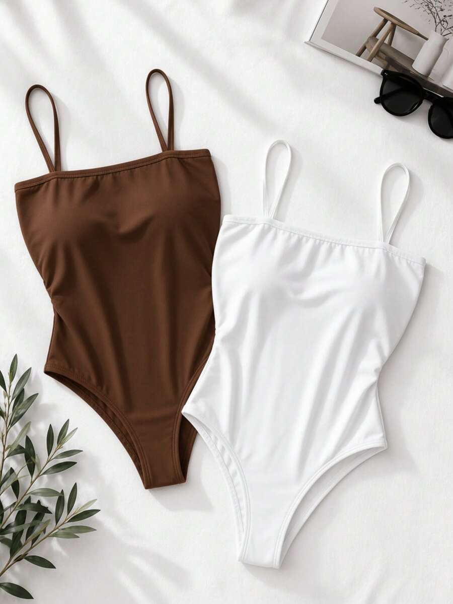 Women's Bodysuit With Thin Straps, Straight Neckline, Spandex Fabric With Padded Cups. Perfect For Parties, Christmas, New Year's, Birthdays, Day/Night, Casual, Versatile, And Suitable For Summer And Hot Weather. - 白色和棕色 - 查看 1