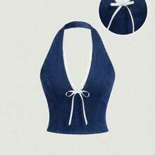 MOD Women Summer Front Tie Denim Halter Crop Top,Cute Halterneck Lace Bow Tight,Summer,Vacation,Off The Shoulder Top,Crop Tops Women,Going Out Tops Women,Birthday,Halter Tops,Vintage Tops,Cute Shirts,Hawaii,Birthday,Going Out Tops,Y2k Top - Lavado oscuro - Ver 1
