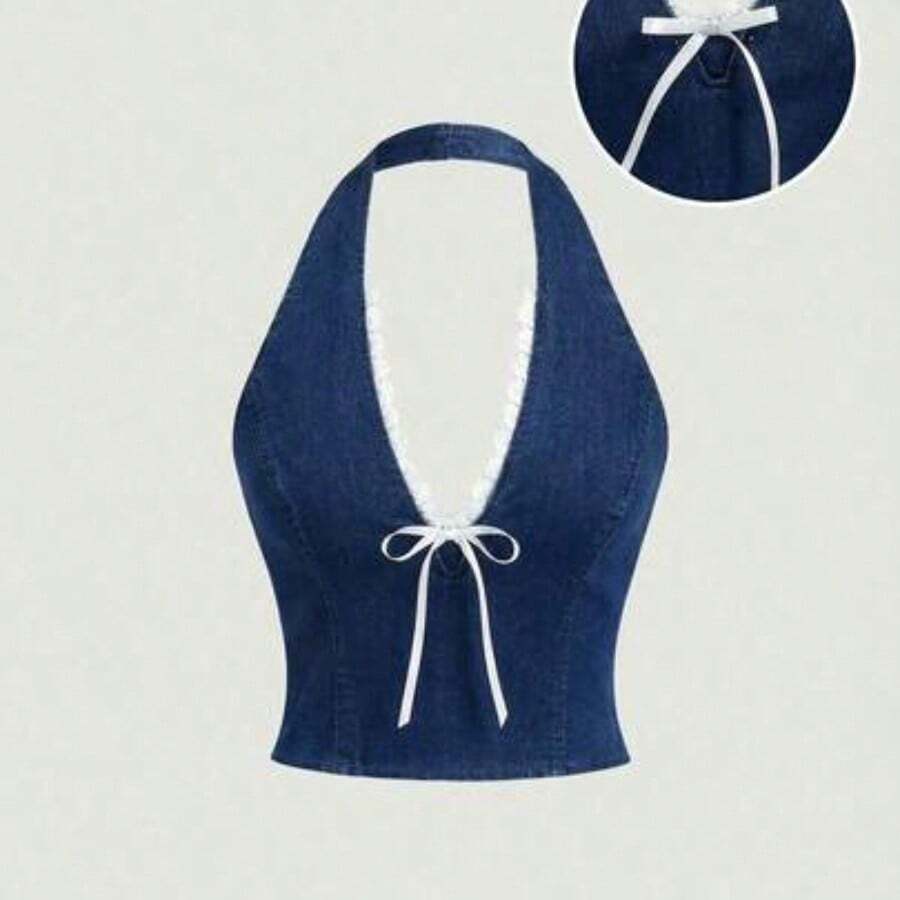 MOD Women Summer Front Tie Denim Halter Crop Top,Cute Halterneck Lace Bow Tight,Summer,Vacation,Off The Shoulder Top,Crop Tops Women,Going Out Tops Women,Birthday,Halter Tops,Vintage Tops,Cute Shirts,Hawaii,Birthday,Going Out Tops,Y2k Top - Lavado oscuro - Ver 1