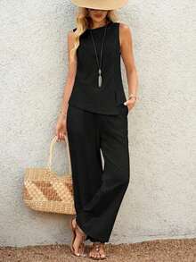 2 piezas Conjunto casual de uso diario con top y pantalones con diseño de abertura de jacquard para mujer - Negro - Ver 8