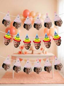 7/14/21件套定制照片文字生日帽横幅，个性化人脸派对彩旗，定制年龄生日花环装饰，个性化人脸生日横幅，定制派对帽照片横幅，独特的生日装饰（男女皆宜） - 彩色 - 查看 2
