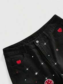 Pantalones cortos de mezclilla lavados con bordado de cruz de diamantes brillantes, de uso casual, de moda y para el transporte diario en verano para hombres - Negro - Ver 5