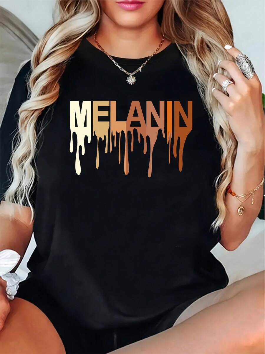 Camiseta Casual de Verano para Mujer, Talla Grande - 1 pieza de camiseta negra con estampado para mujer - Letras negras llamativas, cuello redondo, manga corta, camiseta suave para uso diario, adecuada para todas las estaciones, camiseta casual, ideal para uso diario y formal, camiseta para mujer, prenda versátil, detalles a rayas, ajuste cómodo, camisa elegante, patrón geométrico, material duradero, camisa con estilo, camiseta chic y a la moda para mujer. - Negro - Ver 1