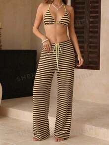 Swim Chiccia Conjunto de bikini a rayas sexy para mujer con pantalones, nueva llegada de trajes de baño para mujer 2026, adecuado para la escuela, vacaciones, citas, té de la tarde, estilo occidental, cruceros, playa, isla, viajes por carretera, todas las estaciones, festivales de música, vacaciones bohemias, vacaciones bohemias, otoño relajado, estilo occidental bohemio, blusas elegantes para mujer - Multicolor 6 - Ver 11