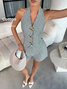 Conjunto de 2 piezas de top halter sin espalda y shorts a rayas para vacaciones casual de mujer - verde menta - Ver 5