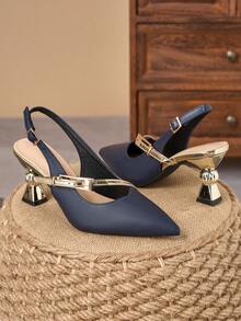 WHDXY Navy Blue Pointed Toe Backless High Heel Shoes, Metal Buckle Asymmetric Heel Sandals, Suitable For Suits/Dresses Daily Wear - Navy Blue - View 4