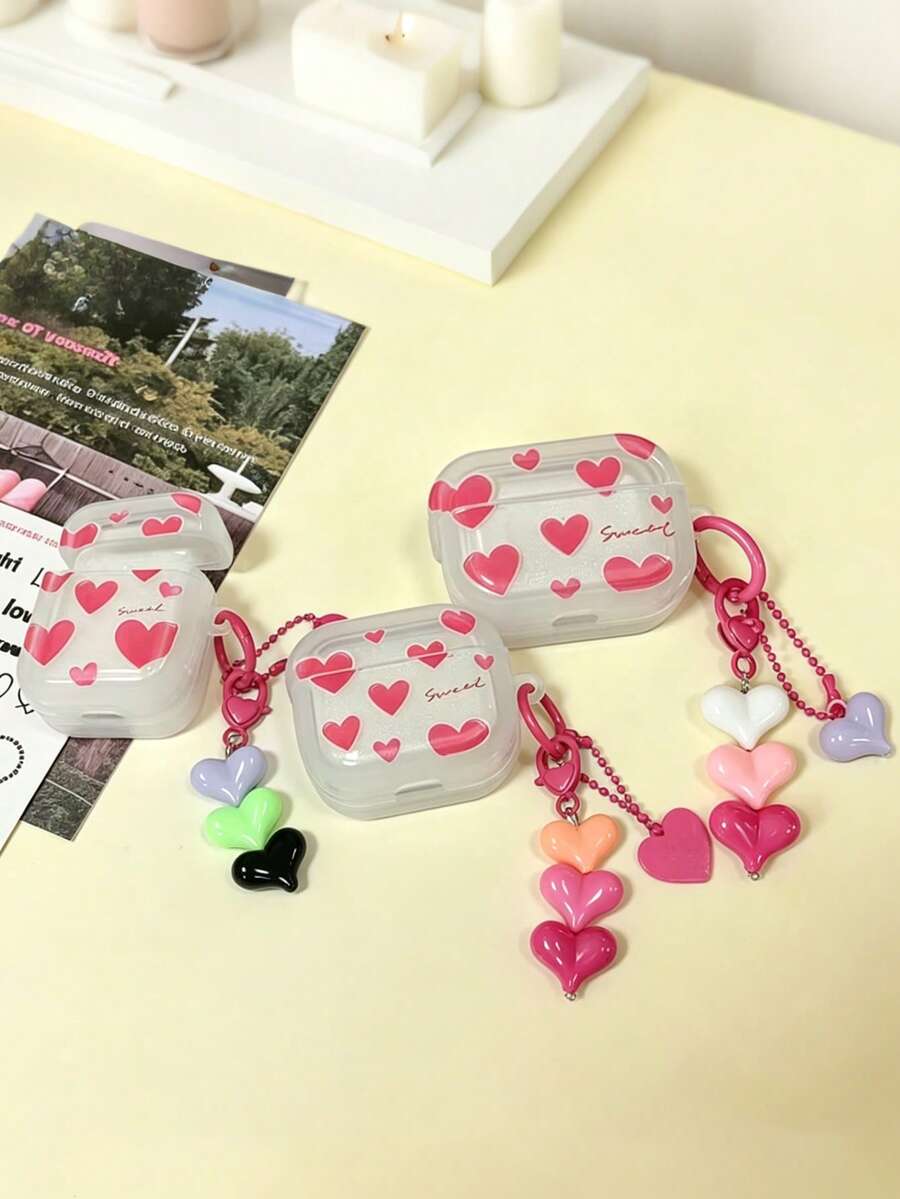 Estuche para auriculares con diseño de patrón de corazón rosa con borde blanco asimétrico y colgante en forma de corazón (color de corazón aleatorio) y conjunto de cordón, compatible con Apple 1/2 3 4 - Rosa - Ver 1