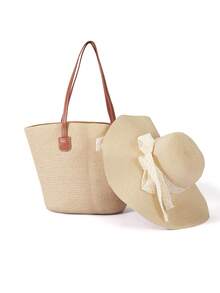Trivaya 1 Straw Hat + 1 Bag, Vacation Casual Set - Beige - View 6