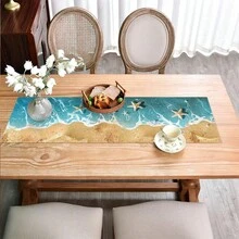 1pc Coastal Wave & Starfish Pattern Table Runner, Blue White Beige Patchwork, Fresh Ocean Style, Large Size, Suitable For Home Gatherings, Indoor/Outdoor Decor, Entryway, Coffee Table, Living Room Ambiance, Kitchen Dining, Holiday Nature Gift - Multicolor - View 12