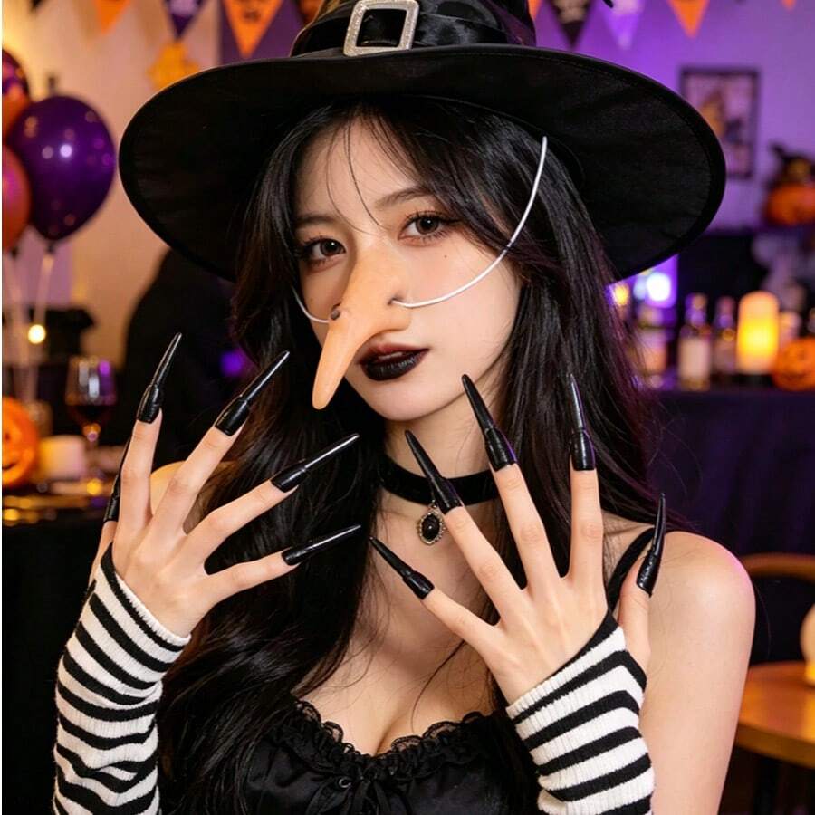 Witch Costume Accessories Set - Long Nose Mask And Black Witch Claw Fake Nails, Suitable For Halloween, Cosplay, Theme Parties And Horror Outfits - Multicolor - View 1