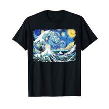 Camiseta unisex de manga corta, Camiseta con diseño de la Noche Estrellada y la Gran Ola de Van Gogh, playeras hombre, spiderman, ,  mujer, romwe men, boho chic, regalos para maestras, camiseta para mujer, conjuntos curvy para mu, y2k - Negro - Ver 1