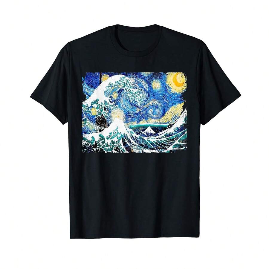Camiseta unisex de manga corta, Camiseta con diseño de la Noche Estrellada y la Gran Ola de Van Gogh, playeras hombre, spiderman, ,  mujer, romwe men, boho chic, regalos para maestras, camiseta para mujer, conjuntos curvy para mu, y2k - Negro - Ver 1