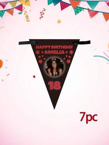 Bandeirola de aniversário personalizada com foto e texto, bandeirinha triangular personalizada com nome e idade, decoração para festa de aniversário de 18/21/30 anos, bandeirinha triangular preta com estrelas brilhantes, decoração para festa de aniversário. - Multicolorido - Ver 7
