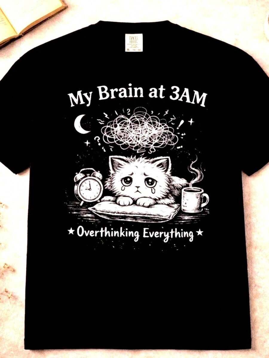 Camiseta 3AM Overt1hinking Cat, Anxiety Kitten T1EE. Camiseta unisex de algodón puro de 220 g. Peso ideal para todas las estaciones, apta para hombres y mujeres. Tejido duradero de alta calidad, suave al tacto y de larga duración. Camiseta transpirable. Adecuada para la primavera y el verano, vacaciones, Día de la Madre, Día de la Independencia. - Negro - Ver 1