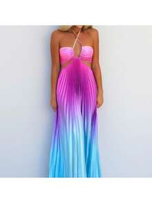 Long Gradient Dress With Halter Neck And Openwork, Elegant And Sensual Style Spring 2026 - Blue - View 6