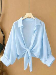 Nueva blusa de gasa de unicolor con chal corto casual de estilo de alas de murciélago para mujeres - Azul - Ver 1