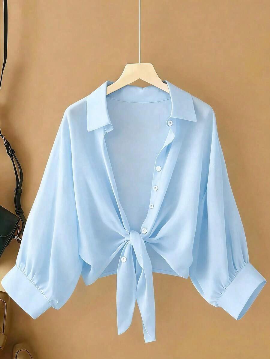 Nueva blusa de gasa de unicolor con chal corto casual de estilo de alas de murciélago para mujeres - Azul - Ver 1