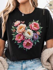 Camiseta con estampado de flores de peonía en acuarela, ideal para el Día de la Madre. 220 g, algodón puro unisex. Peso ideal para todas las estaciones, apta para hombres y mujeres. Tejido duradero de alta calidad, suave al tacto y de larga duración. Transpirable. Adecuada para primavera y verano, vacaciones, Día de la Madre y Día de la Independencia. - Negro - Ver 1