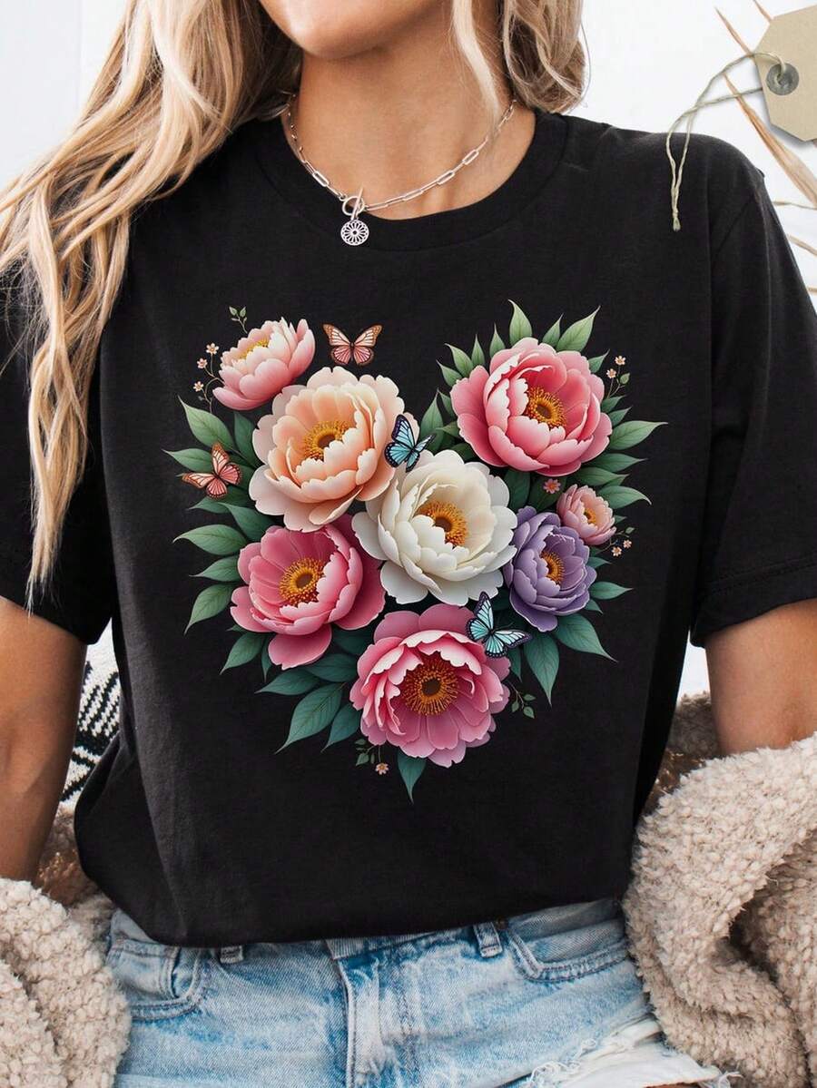 Camiseta con estampado de flores de peonía en acuarela, ideal para el Día de la Madre. 220 g, algodón puro unisex. Peso ideal para todas las estaciones, apta para hombres y mujeres. Tejido duradero de alta calidad, suave al tacto y de larga duración. Transpirable. Adecuada para primavera y verano, vacaciones, Día de la Madre y Día de la Independencia. - Negro - Ver 1