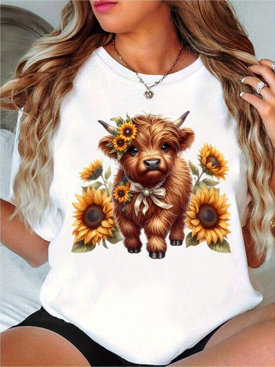 Camiseta casual de manga corta con diseño de ganado de las Highlands y girasoles, hecha de tela suave y elástica, perfecta para el verano.Ideal para entusiastas de los animales de granja, lavable a máquina, ropa con estampado de vaca, cómoda para uso diario. - Blanco - Ver 1