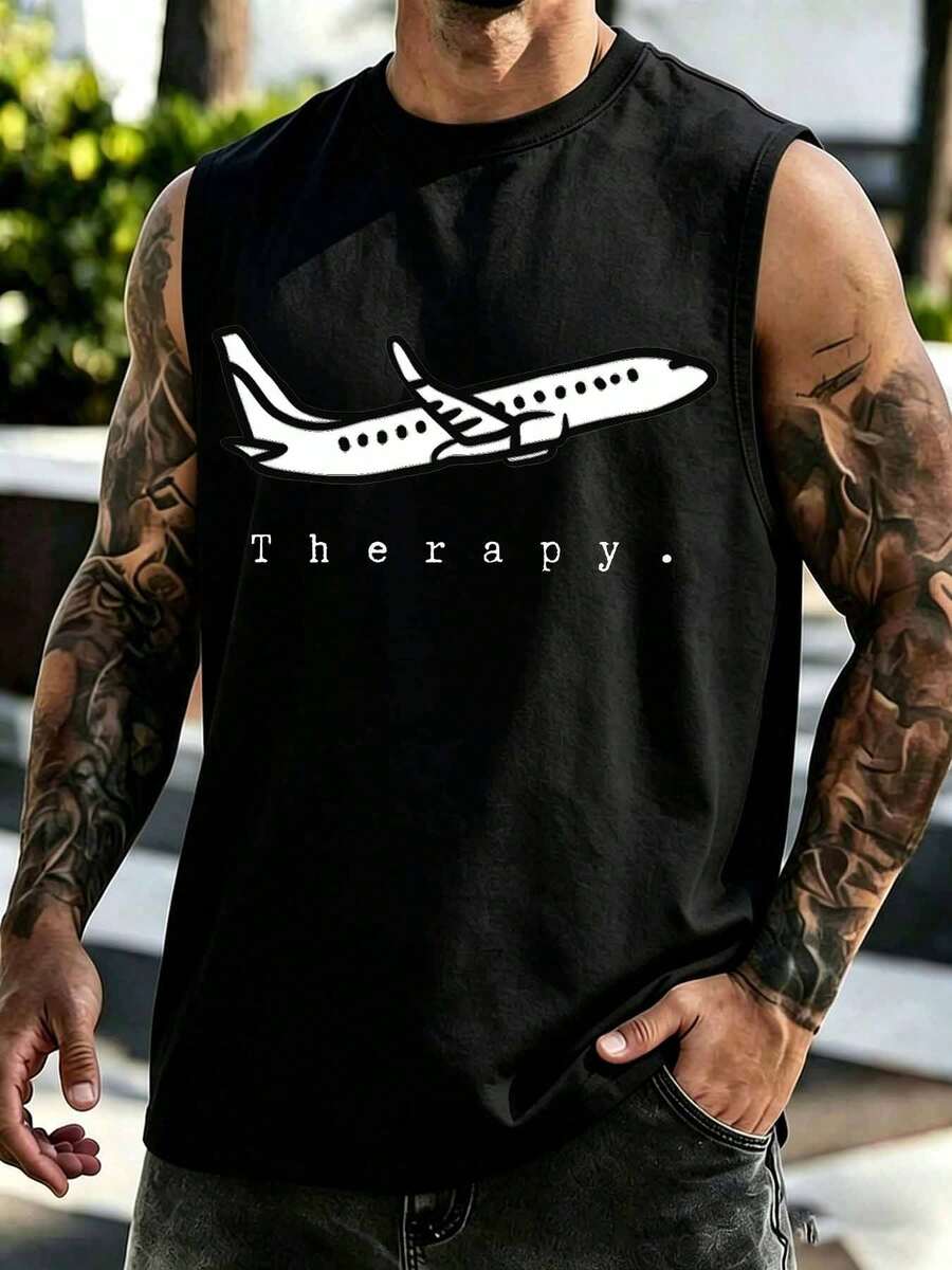 Airplane Therapy Sleeveless Tank Top For Men With Graphic Design Perfect For Travel Enthusiasts And Aviation Lovers Suitable For Casual And Active Wear - 黑色 - 查看 1