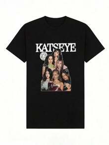 Women's Vintage T-Shirt. Soft And Casual Short-Sleeved Crew Neck T-Shirt With A Graphic Print Featuring A K-Pop Girl Group's Logo, Suitable For Casual Street Wear. Black. Gothic Style. - 黑色 - 查看 2