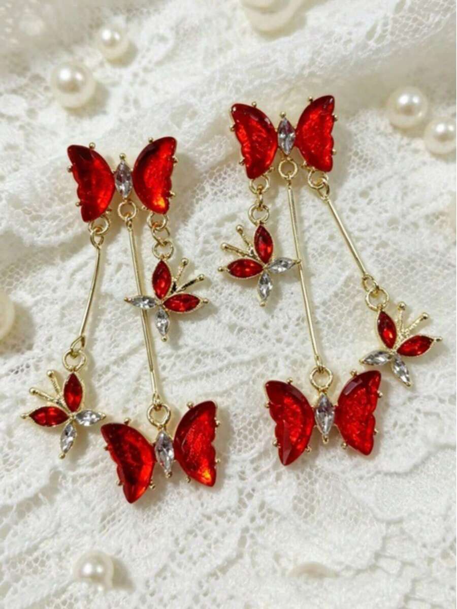 1 Đôi bông tai nơ đỏ, bông tai thời trang hình bướm tua rua sang trọng tinh tế. - Đỏ - Xem 1