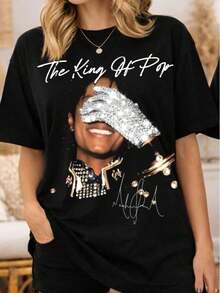 Retro Graphic T-Shirt Of The King Of Pop , Custom Print, Unisex, Vintage Urban Style, Loose Fit Short Sleeve Cotton T-Shirt With Round Neck, Blouses For Women. Casual Blouses For Ladies. - 黑色 4 - 查看 7