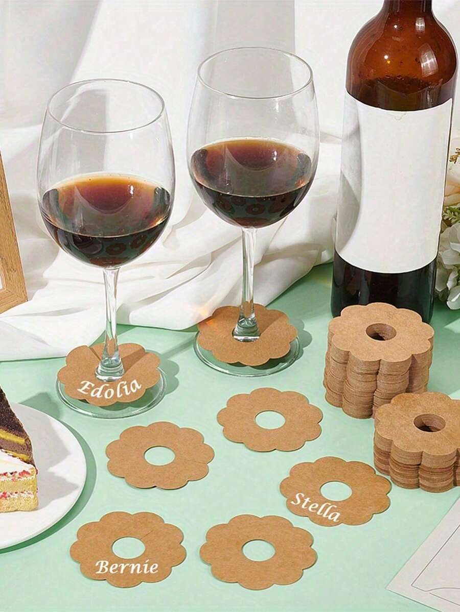 1/100pcs Brown And White Wine Glass Labels Flower Shaped Drink Markers, Suitable For Birthday Party Decoration, Wine Glass Labels, Wedding, Holiday Table Decoration - Multicolor - View 1