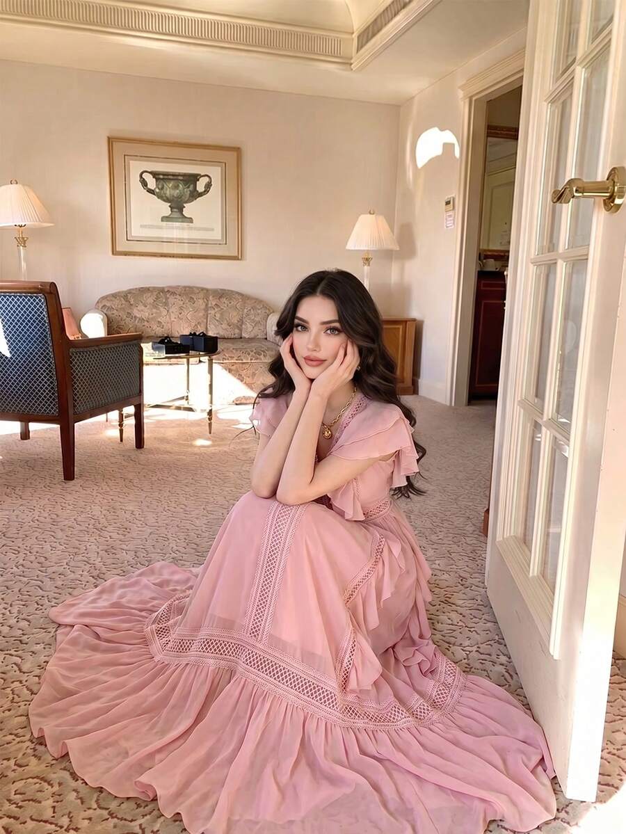 Vestido de fiesta elegante de mujer con cuello en V, diseño de volantes multicapa con encaje, parches y cintura estrecha, corte evasé - Rosa - Ver 1