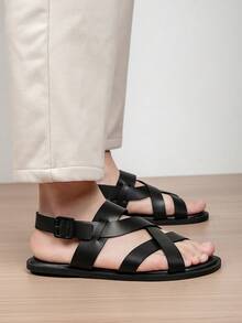 Men's Adjustable Criss-Cross Sandals, Soft Sole Beach Vacation Style Slippers, Comfortable & Fashionable Indoor/Outdoor Strap Slippers - Black - View 7