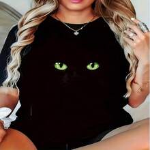Womens Sexy Casual Elegant Black Cotton T Shirt with Green Cat Eyes Print Short Sleeve Round Neck Regular Fit Top - Negro - Ver 1