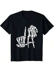 Camiseta de Halloween DIY Perezosa con Signo de Mano Esqueleto de Los Ángeles - Negro - Ver 7