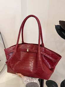 Bolso de tote de gran capacidad, nuevo bolso de hombro/axila de mujer con pliegues y estampado de cocodrilo - Rojo - Ver 7