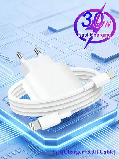 White EU Type C E F Plug 220-240V Wall Charger EU Plug, Suitable Compatible With Iphone Fast Charger, 100cm/3.3ft USB-C To Lightning Charging Cable, 30W USB-C Wall Charger, Compatible With IPhone 14/Plus/13/12/11/Pro Max/Mini/, EU Plug Charger, Memorial Day, Summer Kickoff